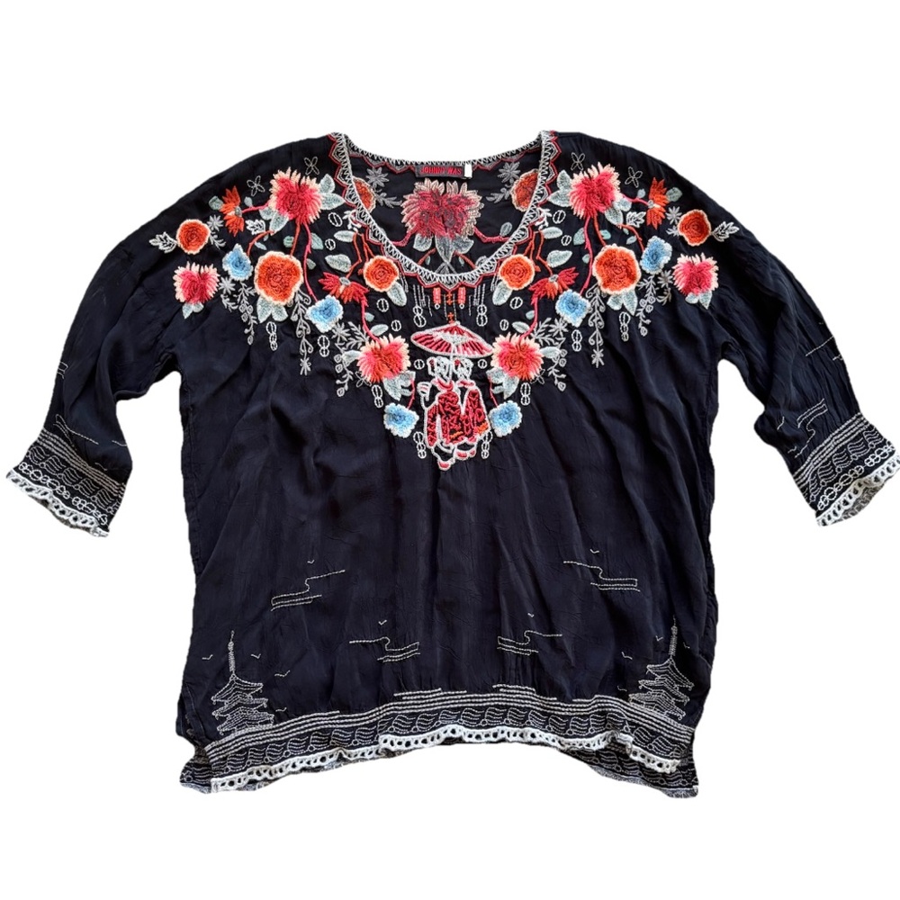 JOHNNY WAS Hamayu Embroidered Black Floral Women's Top Small Boho Chic Festival - Picture 6 of 6